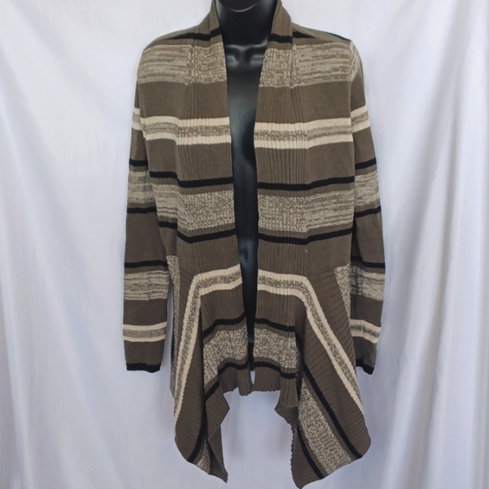 St John's Bay 100% Cotton Waterfall Long Sleeves Cardigan NWT, khaki & cream